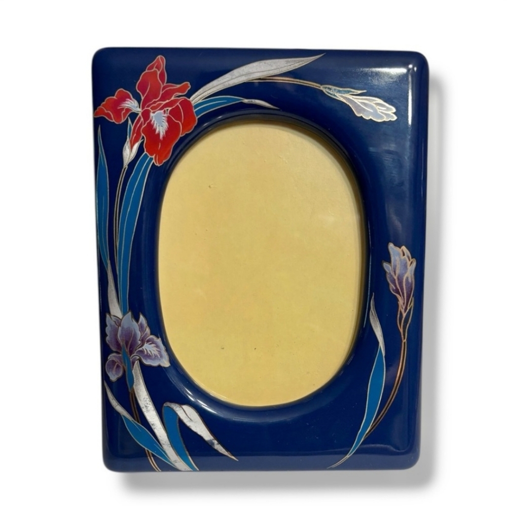 VINTAGE Japanese Porcelain Picture Frame Navy Blue & Irises VINTAGE